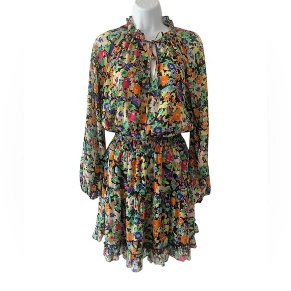 Lavender Brown Floral Mini Dress XS Black V Neck Tiered Long Sleeve - Picture 2 of 8